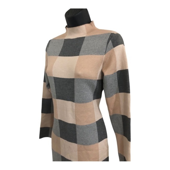 Charcoal grey tan beige checkered mock‎ neck sweater knit dress size large new - Picture 9 of 13